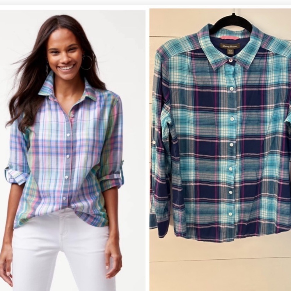 TOMMY BAHAMA M 100% Cotton blue-black plaid long sleeve woman button down
